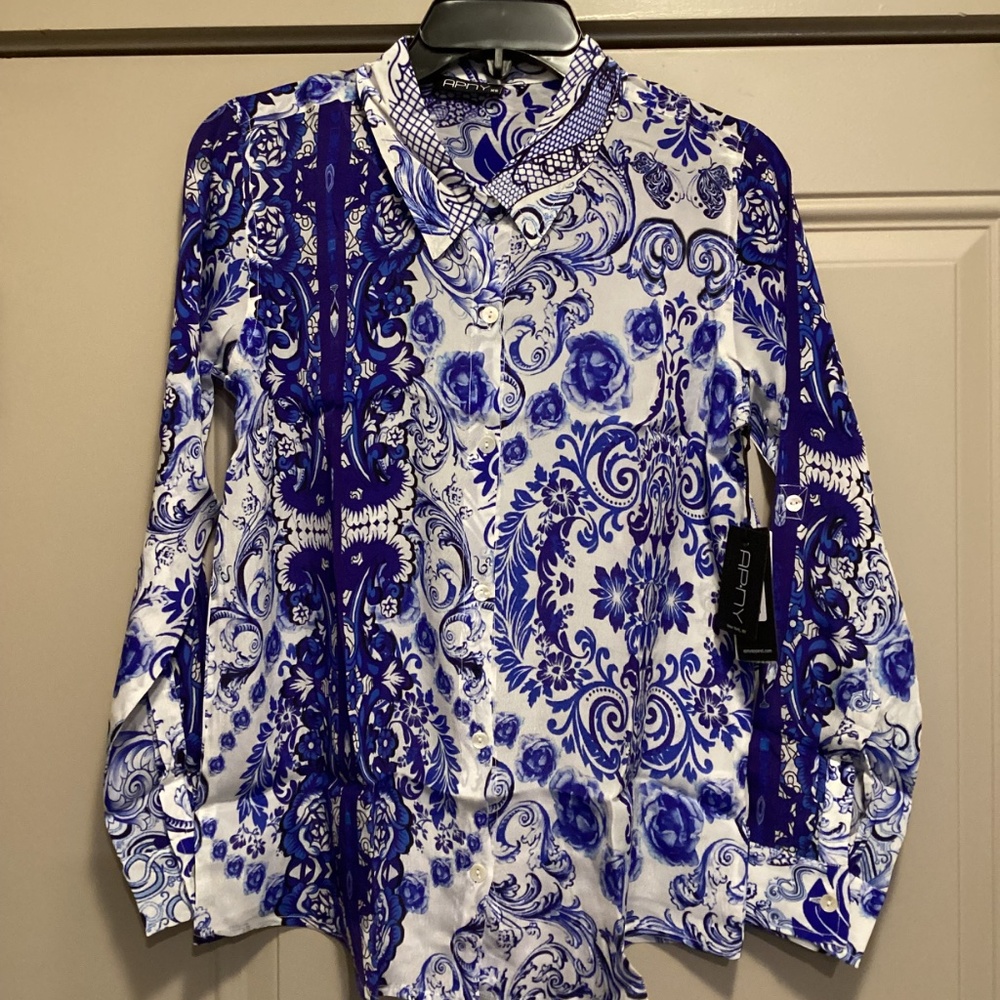 APNY Damask Print Roll Tab Sleeve Button-Up Shirt, sise XS - Picture 5 of 15